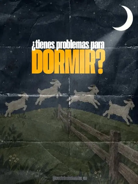 Póster azul noche de cabras saltando una cerca, meme '¿tienes problemas para dormir?'